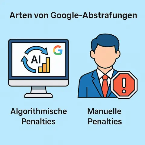 Arten von Google Abstrafungen Darstellung der zwei Arten der Google Penalty: Links algorithmische Prüfung durch KI, rechts manuelle Maßnahme durch Google-Mitarbeiter mit Warnsymbol.