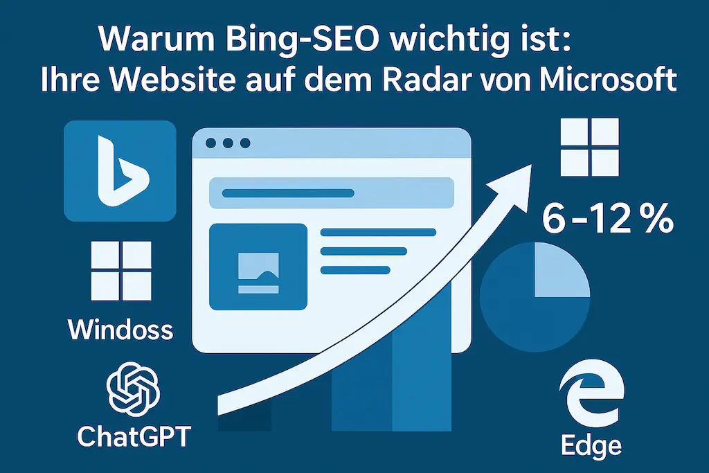 Bing-SEO_ Microsoft Infografik zeigt die Bedeutung von Bing-SEO – mit Symbolen für Microsoft-Produkte, steigende Marktanteile, Integration von KI (ChatGPT) und potenzielle Reichweite durch Windows-Nutzer.