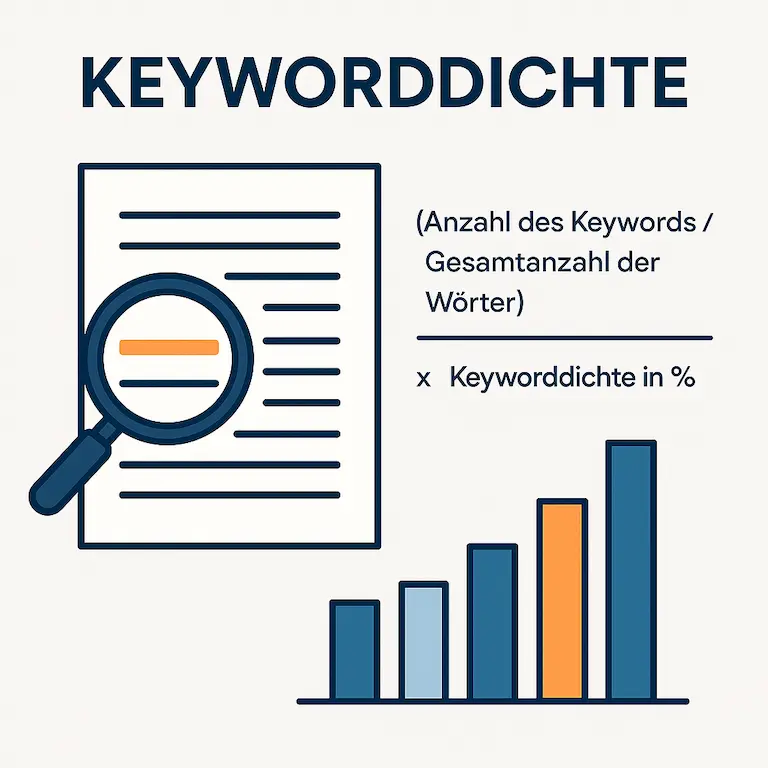 Keyworddichte in der SEO-Erklärung Illustration zur Keyworddichte: Darstellung einer einfachen Formel, Lupe über einem Textdokument und Balkendiagramm – visuelle Erklärung zur SEO-Grundlage.