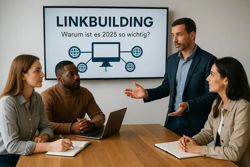 Besprechung zum Thema Linkbuilding 2025 Vier Online-Marketing-Expert:innen diskutieren Strategien für Linkbuilding 2025 in einem modernen Büro – Fokus auf Teamarbeit, digitale Tools und nachhaltige Backlink-Strategien.